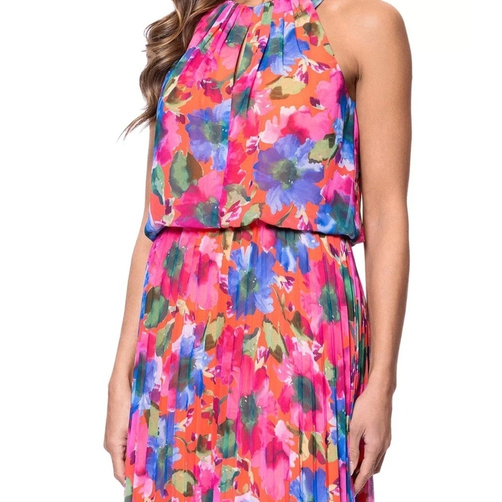 X by Xscape Floral Pleated Blouson Halter Maxi Dress Size 10 - Picture 3 of 11